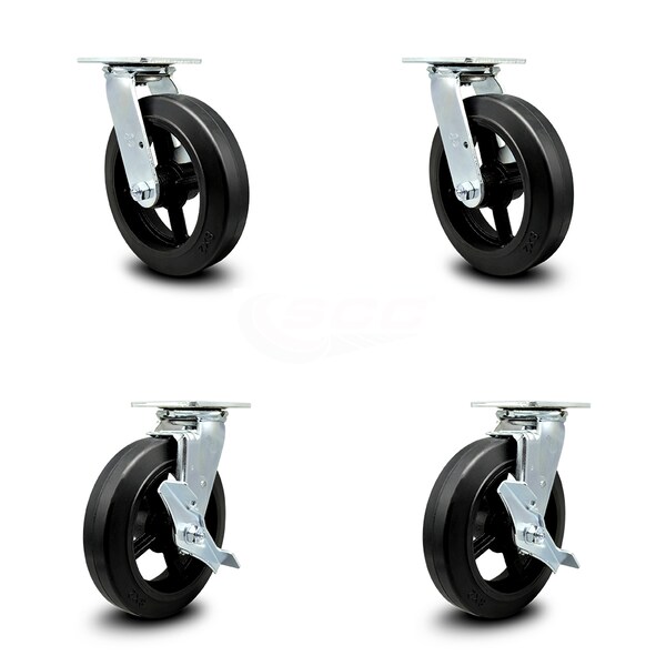 8 Inch Rubber on Steel Swivel Caster Set with Ball Bearing 2 Brake SCC